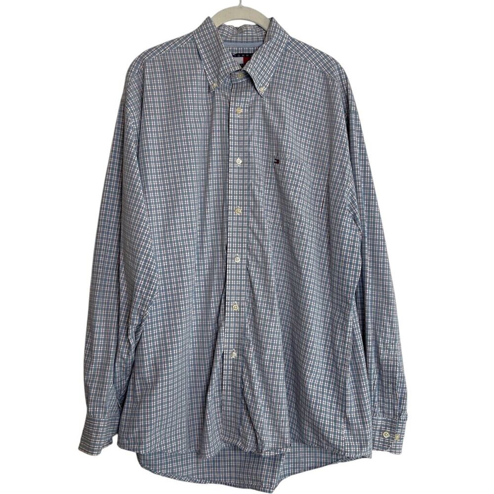 Tommy Hilfiger Mens Button Down Shirt Large Cotton Light Blue Red White Plaid